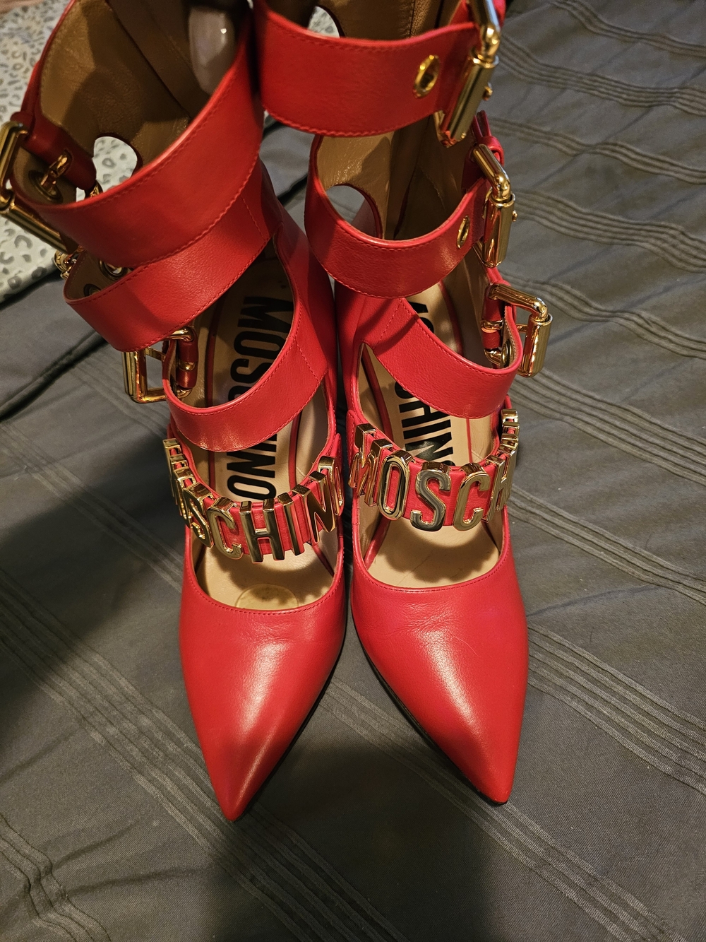 Moschino Red Leather 110 MM Pointed-Toe Strappy Pumps